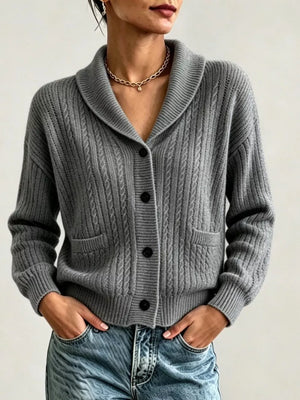 Full Size Shawl Collar Cable Knit Cardigan in White, back view