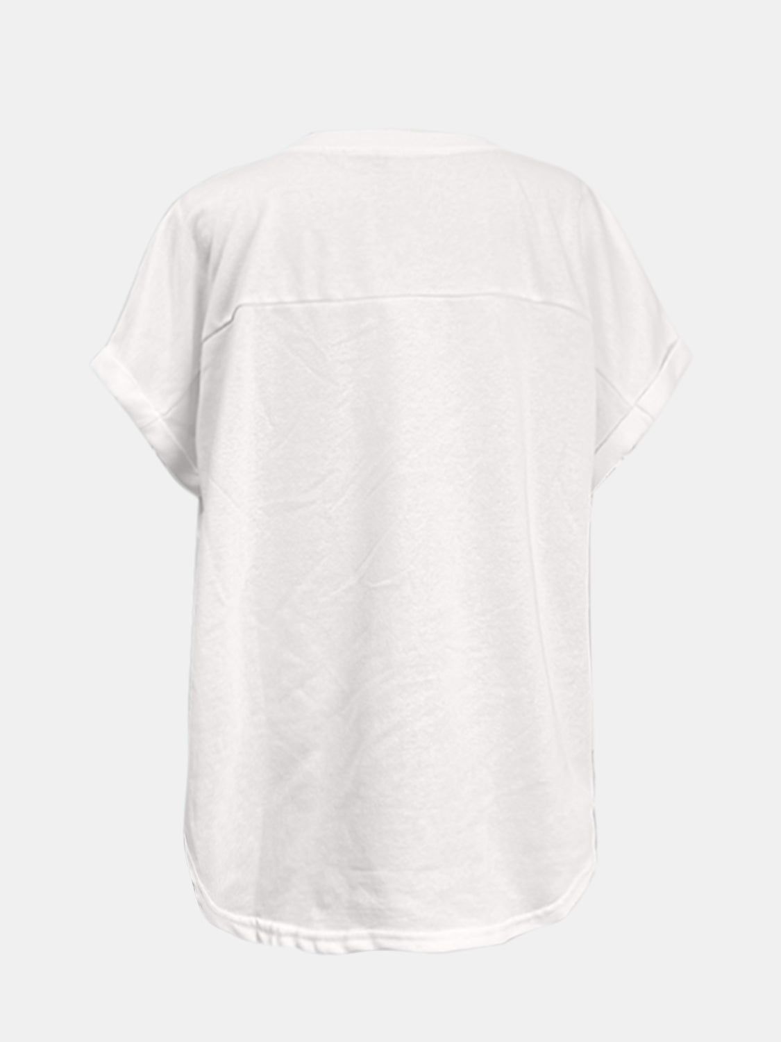 White t-shirt with rolled sleeves and a seam across the back yoke.