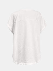 White t-shirt with rolled sleeves and a seam across the back yoke.