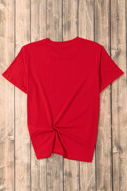 Red t-shirt with twisted hem detail and short sleeves.