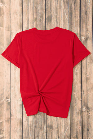 Red t-shirt with twisted hem detail and short sleeves.