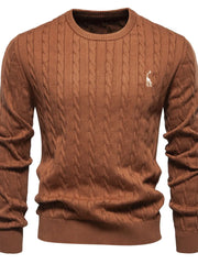 Caramel cable knit crewneck sweater with embroidered giraffe detail