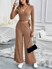 Caramel ribbed wrap top and wide leg pants set with tie detail