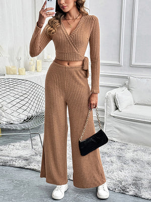 Caramel ribbed wrap top and wide leg pants set with tie detail
