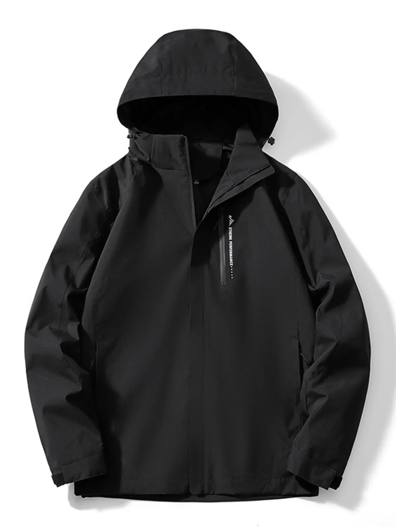 Men's black waterproof hooded jacket with zippered chest pocket and text detail.