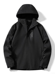 Men's black waterproof hooded jacket with zippered chest pocket and text detail.