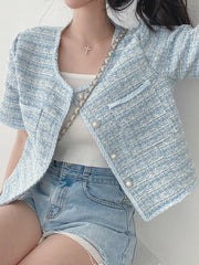 Pearl Button Short Sleeve Tweed Jacket, close-up detail