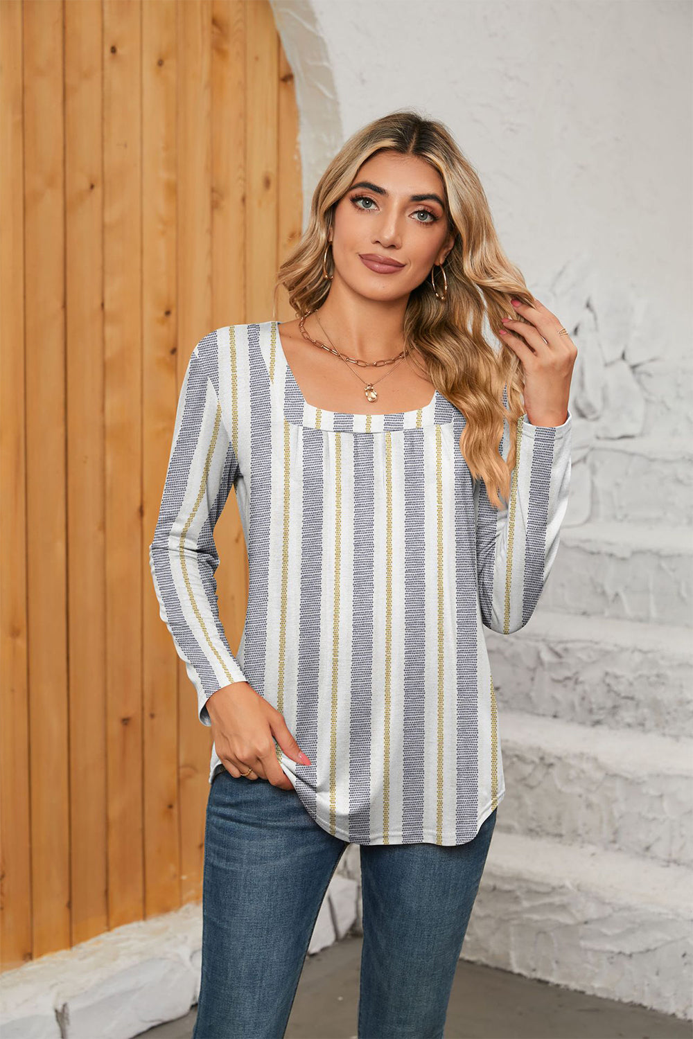 Striped square neck blouse with gathered detail and long sleeves.