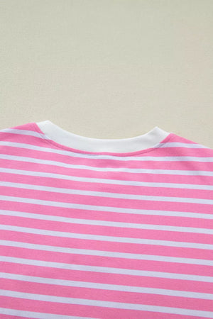 Pink and white striped cotton t-shirt with a round neck