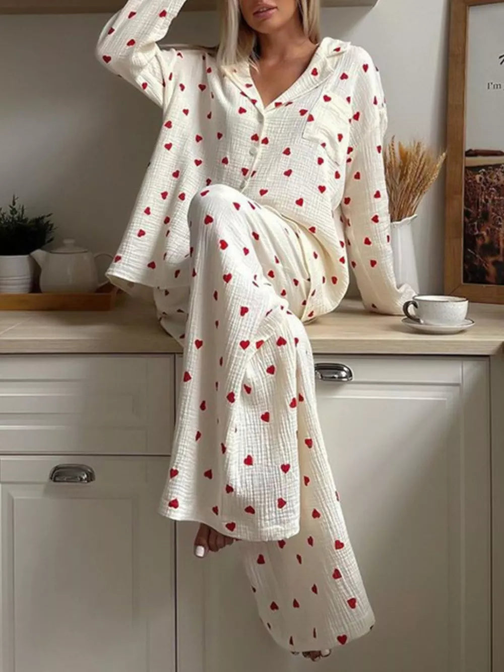 Heart Print Long Sleeve Top And Pants Lounge Set in Apricot, close-up detail