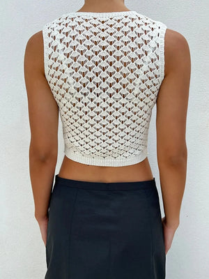 White crochet button-down cropped vest with open knit pattern