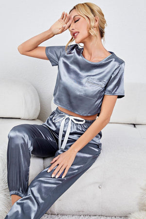 Steel satin crop top and joggers set with white drawstring and pocket detail