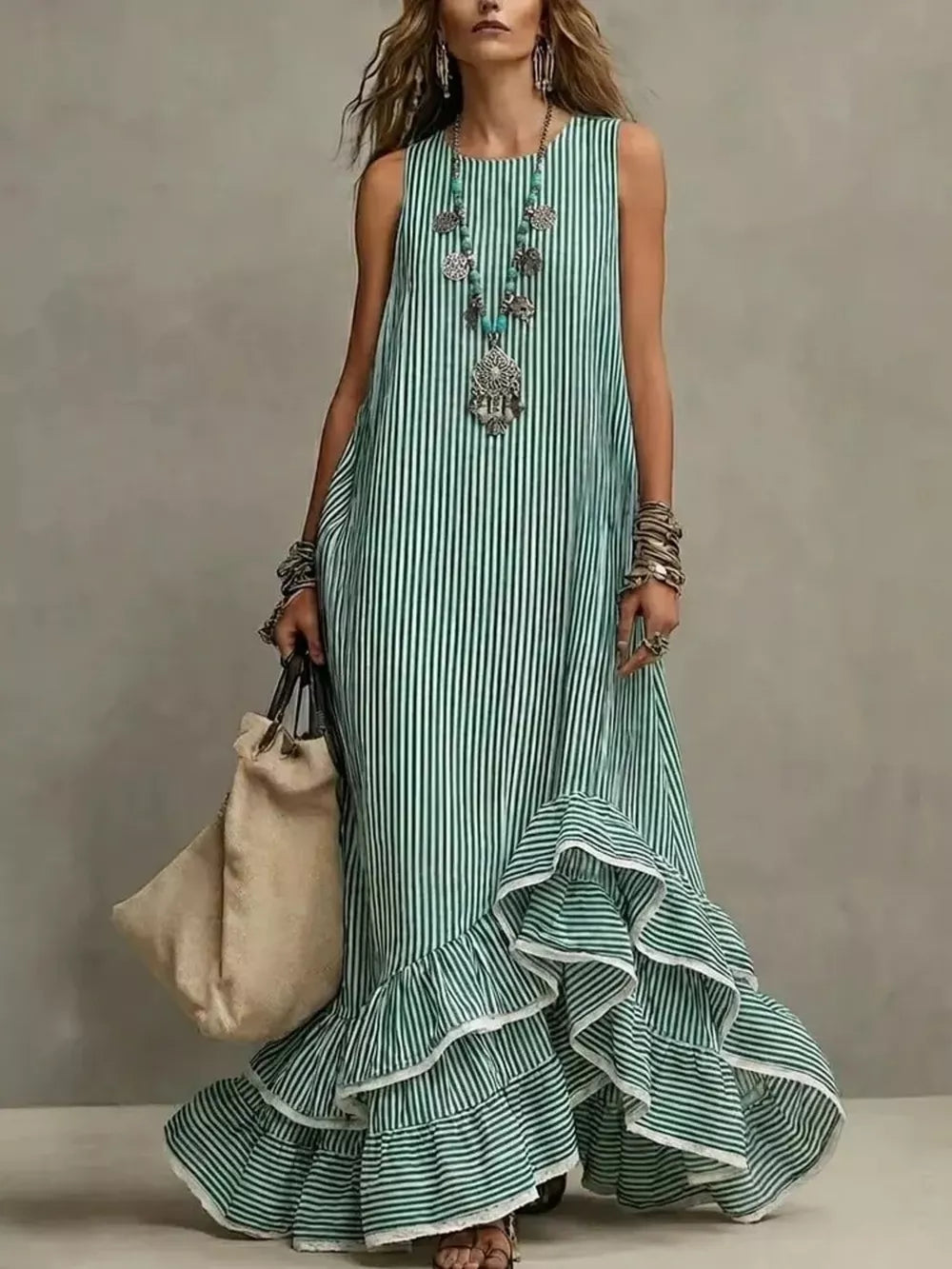 Striped Ruffle Hem Maxi Dress in Blue, side view