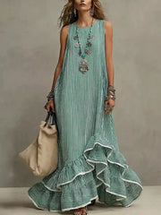 Striped Ruffle Hem Maxi Dress in Blue, side view