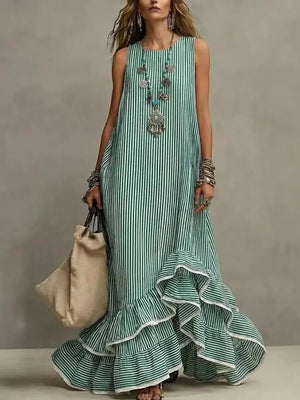 Striped Ruffle Hem Maxi Dress in Blue, side view
