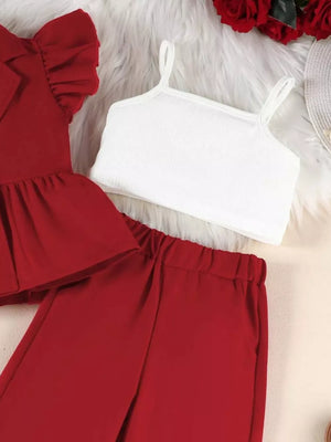 Toddler ruffle sleeve top and pants set in wine red with white ribbed cami.