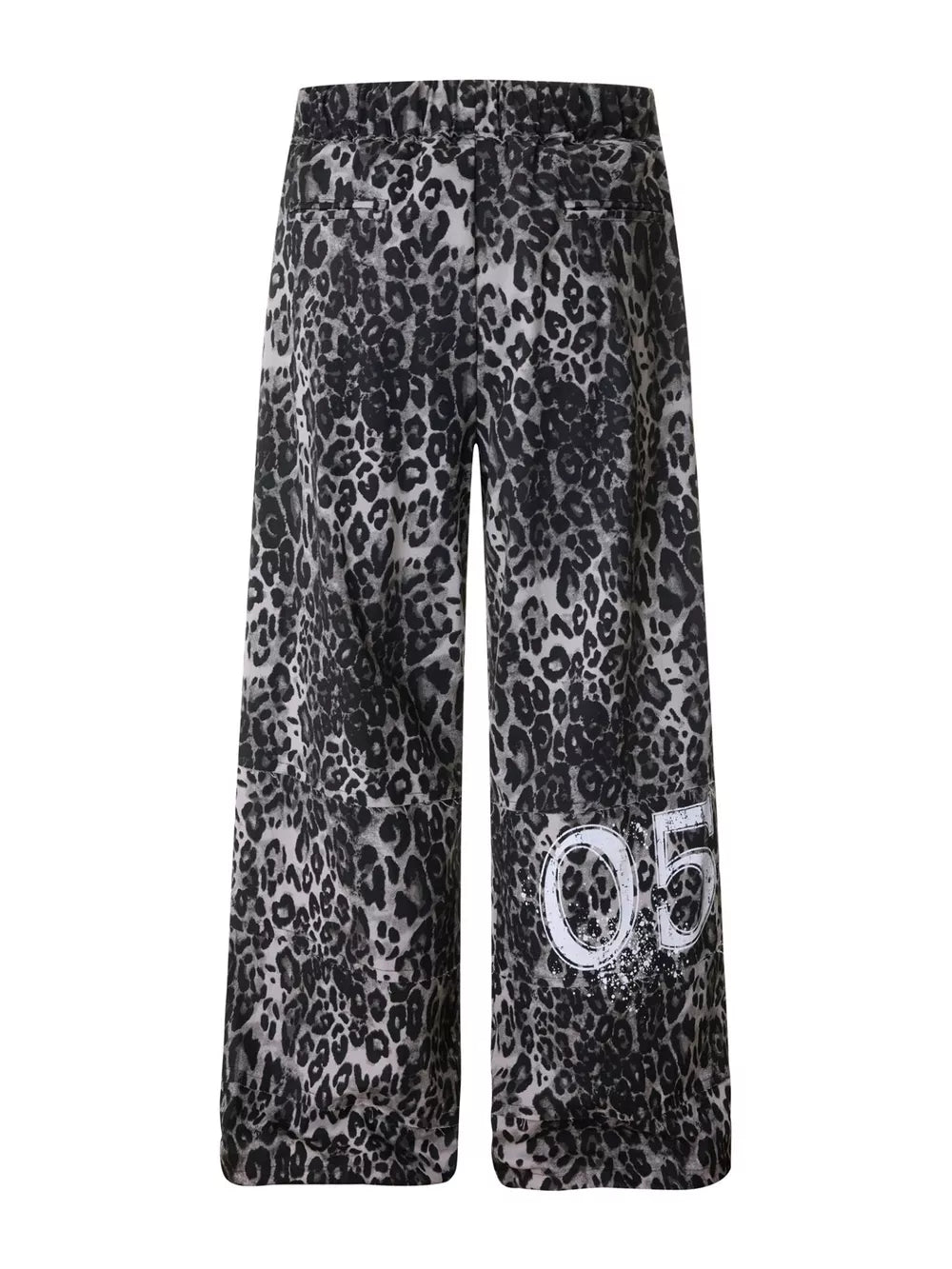 Leopard print cotton sweatpants with drawstring waist and wide legs, featuring a "05" graphic detail.