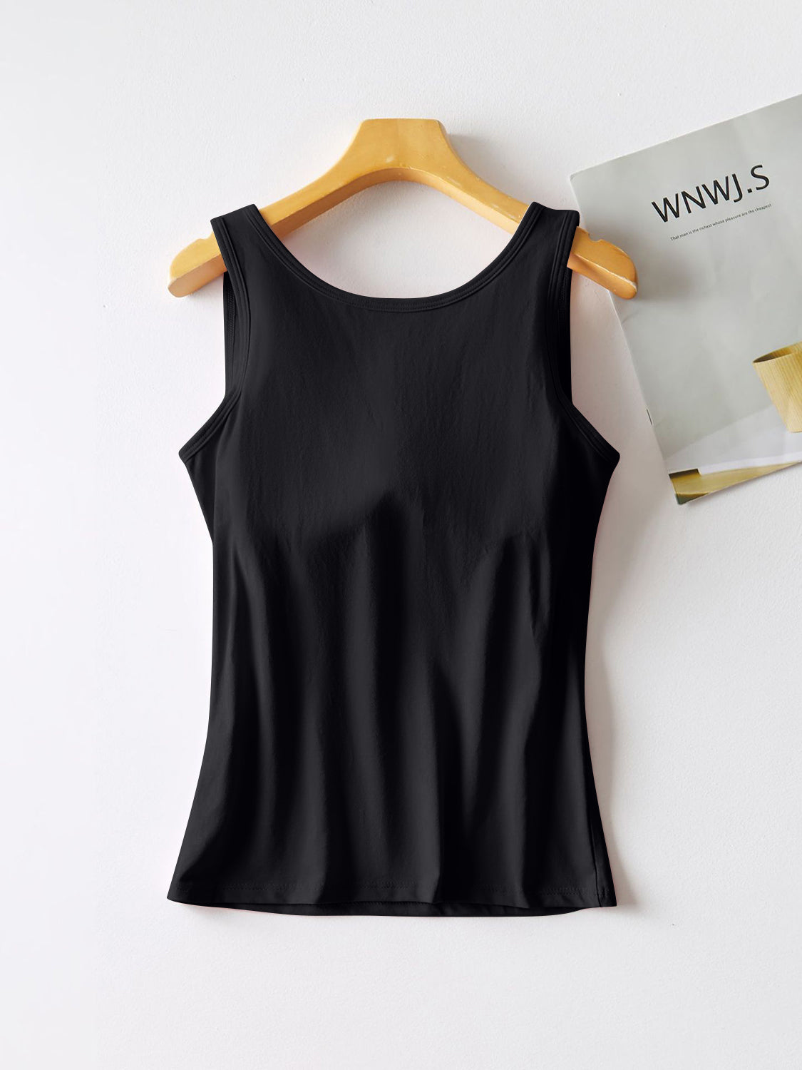 Black built-in support tank top with scoop neckline and wide straps.
