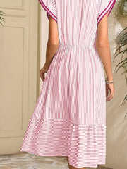 Pink striped midi dress with ruffle sleeves and tiered hem.