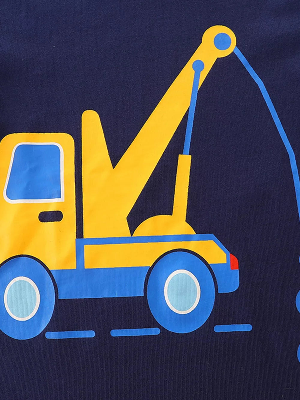 Navy cotton crew neck t-shirt with a cheerful yellow and blue tow truck graphic.