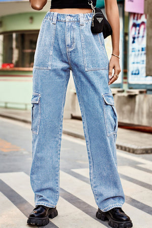 Light wash denim cargo pants with relaxed fit and multiple pockets.