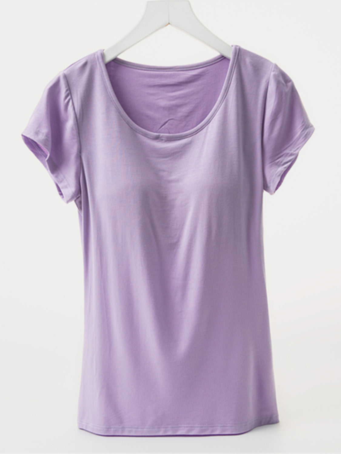 Lavender scoop neck t-shirt with short sleeves and built-in bralette support.