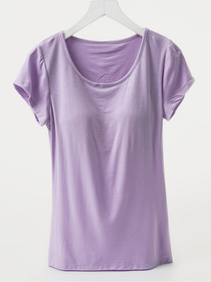 Lavender scoop neck t-shirt with short sleeves and built-in bralette support.