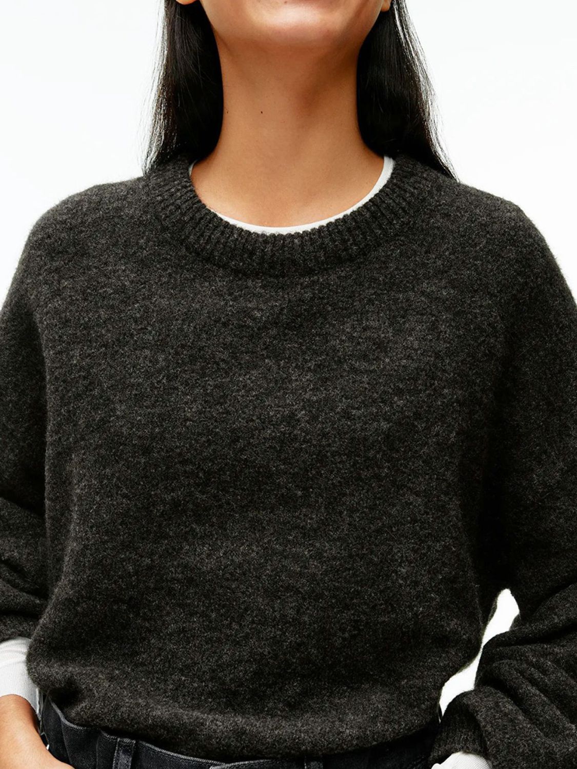 Oversized brushed knit crewneck sweater in Floral Gray, featuring a relaxed fit and crew neckline.