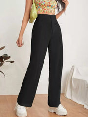 Black high-waisted maternity pants with center seams and a wide leg