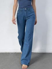 Light blue maternity jeans with high waist and wide leg.