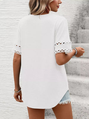 White V-neck t-shirt with lace trim on sleeves and hem