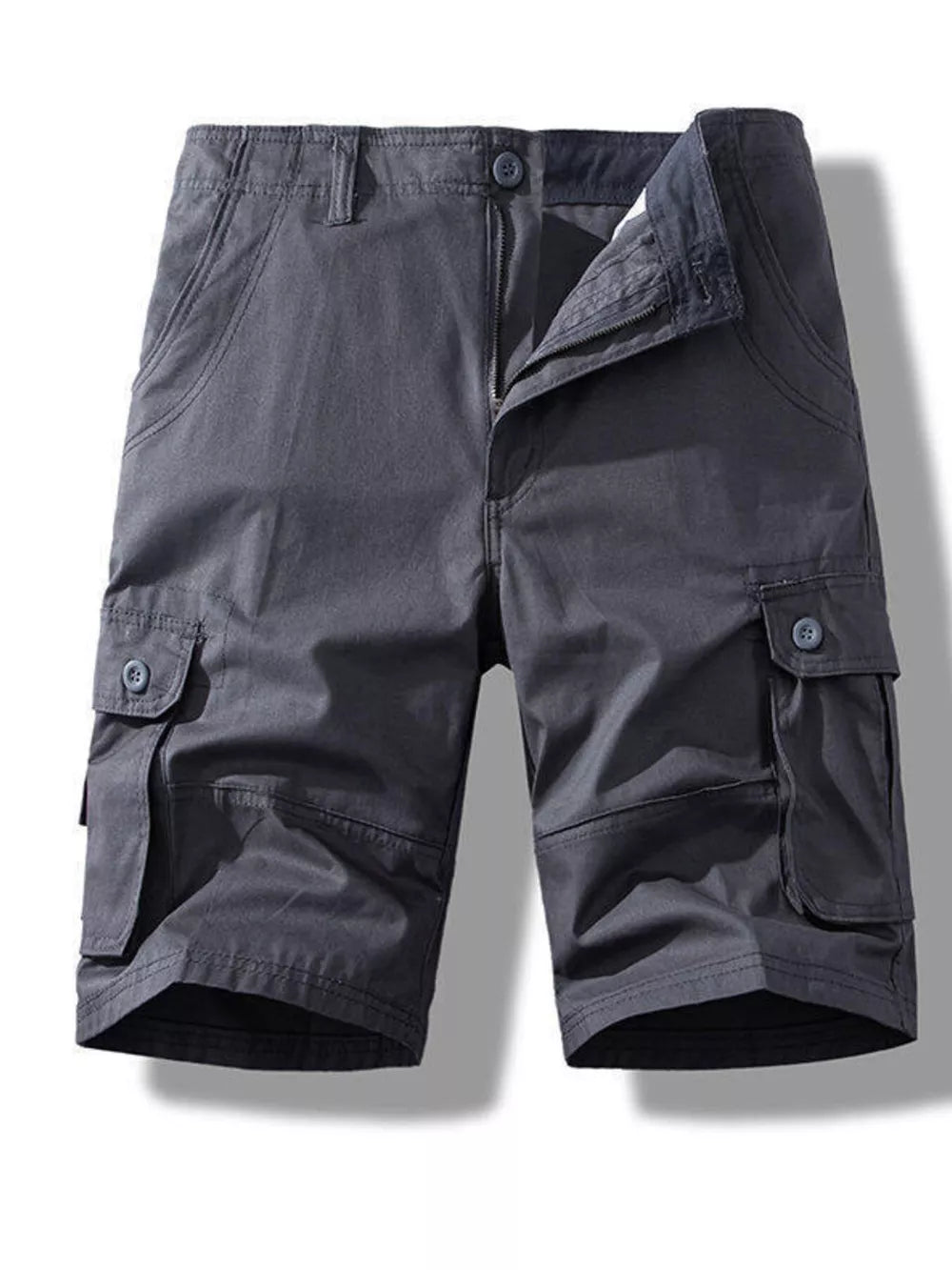 Men's dark gray cargo shorts with button fly and multiple pockets.