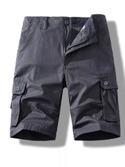 Men's dark gray cargo shorts with button fly and multiple pockets.