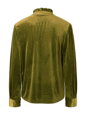 Olive velvet blouse with ruffled mandarin collar and buttoned cuffs