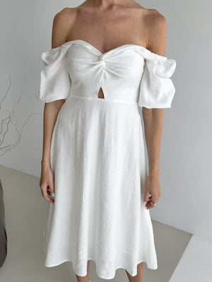White off-shoulder midi dress with twisted bust cutout and puff sleeves