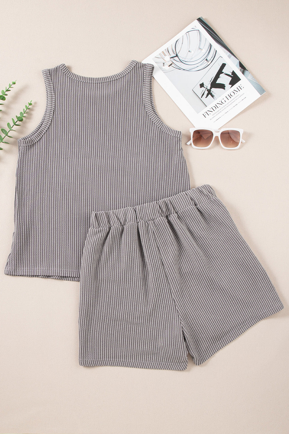 Textured ribbed tank and shorts set in dark gray with vertical stripes.