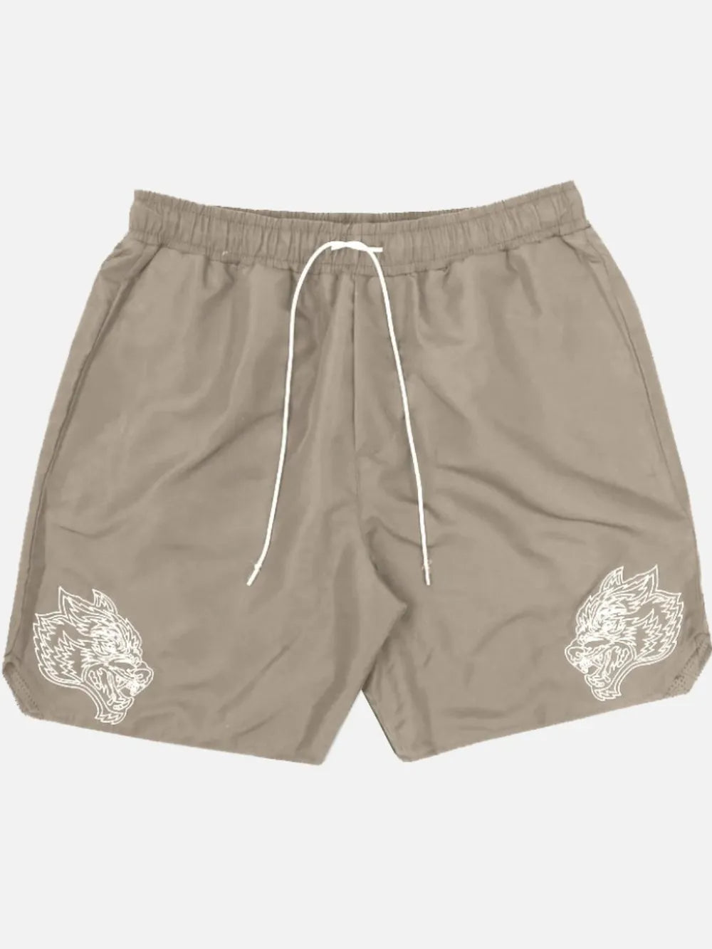 Khaki performance shorts with white embroidered wolf heads on both legs.