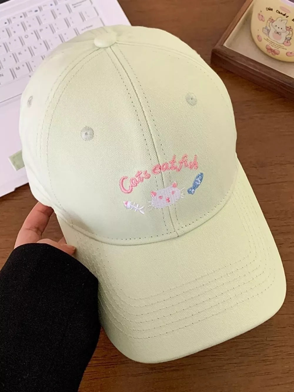 Playful Cat Embroidered Cotton Cap