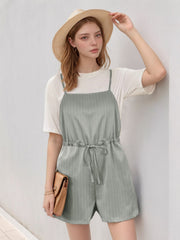 Sage pinstripe romper with adjustable drawstring waist and spaghetti straps.