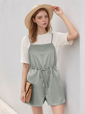 Sage pinstripe romper with adjustable drawstring waist and spaghetti straps.