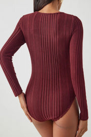 Deep Red ribbed keyhole bodysuit with long sleeves.