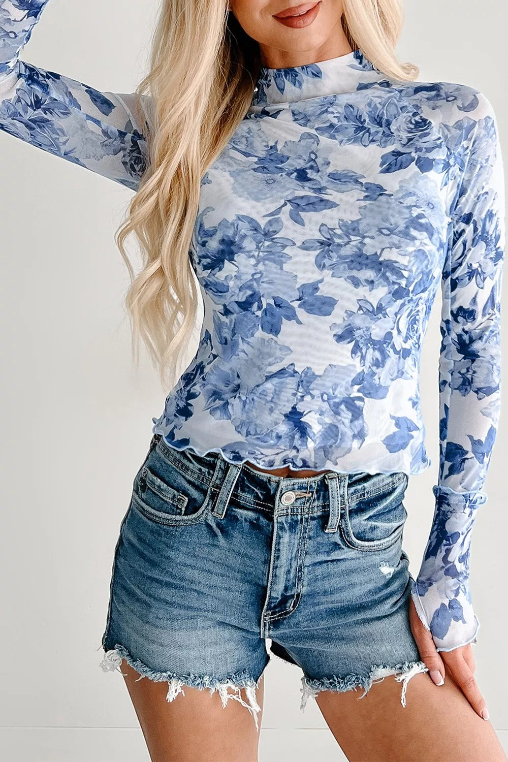 Floral Print Long Sleeve Mesh Top in Light Blue, close-up detail