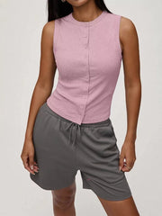 Pink ribbed button-front fitted tank top with crew neck and sleeveless design.