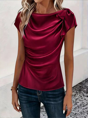 Ruched Short Sleeve Satin Top in Brown, model styling view