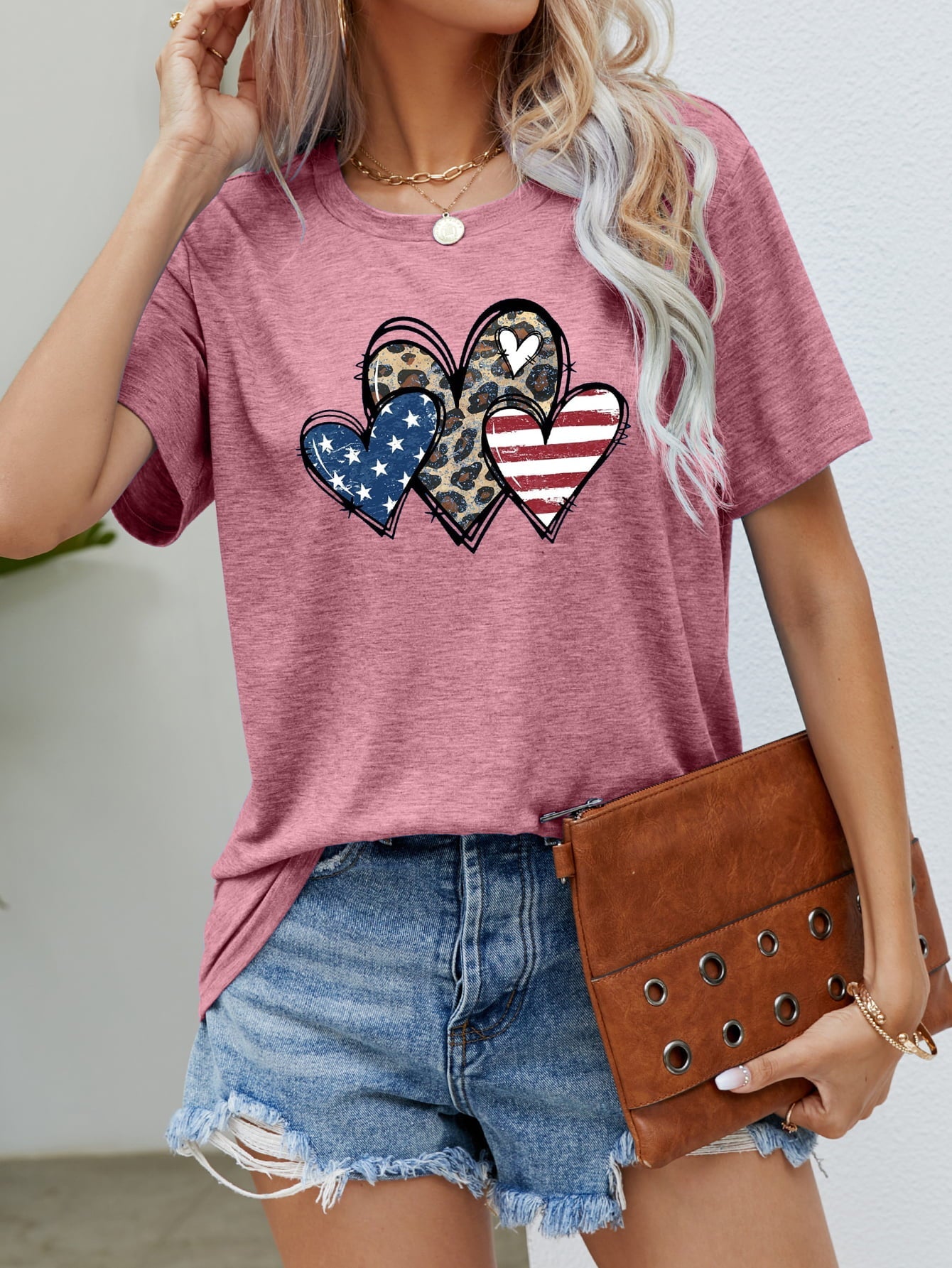 Dusty Pink t-shirt with leopard and American flag hearts graphic.