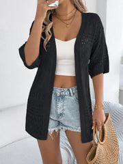 Black open-knit short sleeve duster cardigan with diamond pattern detail.