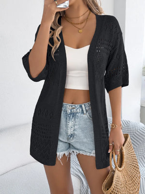 Black open-knit short sleeve duster cardigan with diamond pattern detail.