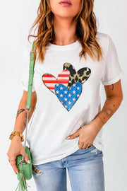 White t-shirt with graphic of three hearts: one American flag, one stars and stripes, one leopard print.
