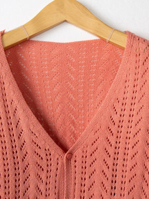 Chevron knit cardigan in burnt coral with a V-neck and button front.