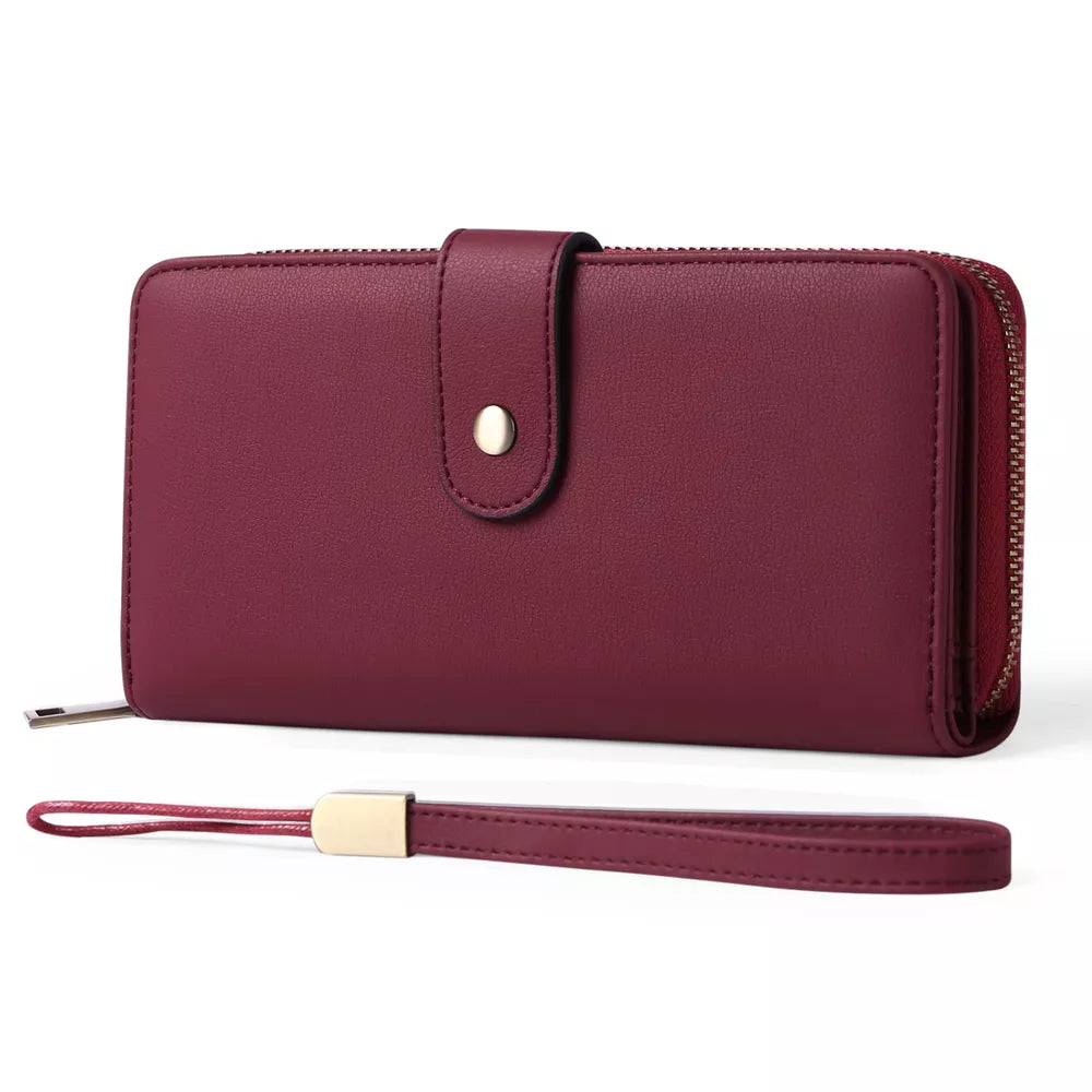 Burgundy pu leather mini wallet with snap closure and detachable wrist strap